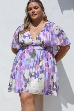 Glades Mini Dress - V Neck Shirred Waist A Line Dress in Kamara Print Purple><noscript><img width=
