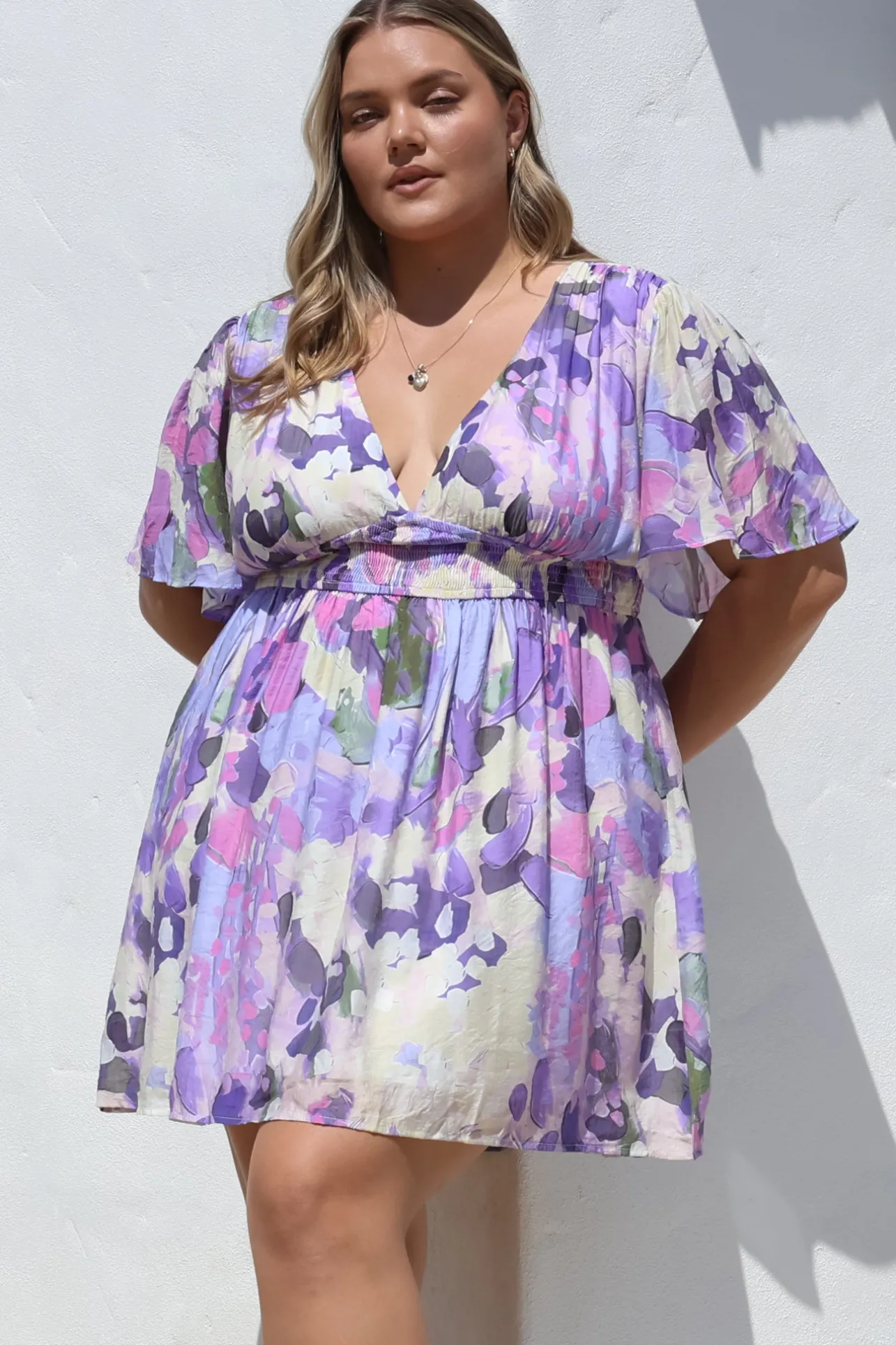Glades Mini Dress - V Neck Shirred Waist A Line Dress in Kamara Print Purple>Salty Crush Sale