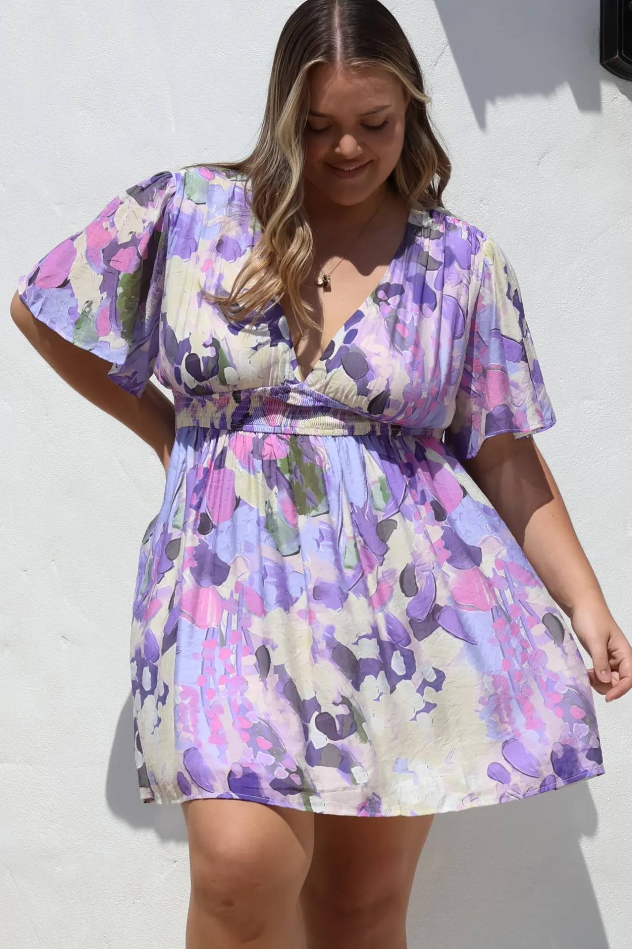 Glades Mini Dress - V Neck Shirred Waist A Line Dress in Kamara Print Purple>Salty Crush Sale