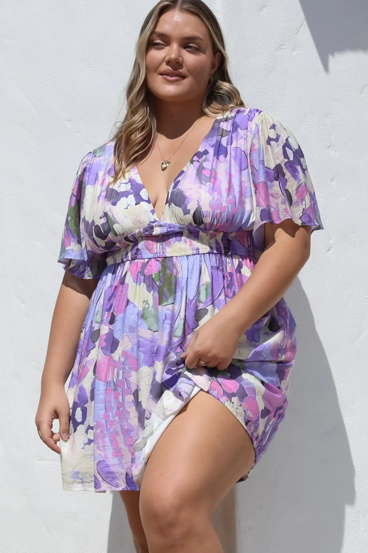 Glades Mini Dress - V Neck Shirred Waist A Line Dress in Kamara Print Purple>Salty Crush Sale