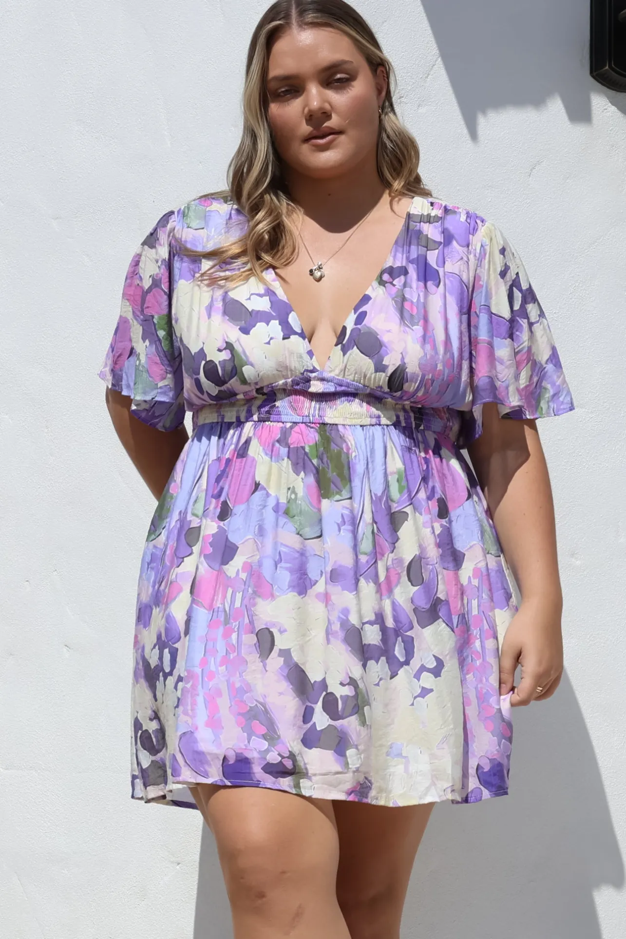 Glades Mini Dress - V Neck Shirred Waist A Line Dress in Kamara Print Purple>Salty Crush Sale