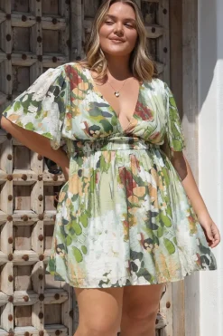 Glades Mini Dress - V Neck Shirred Waist A Line Dress in Kamara Print Green>Salty Crush Discount