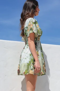 Glades Mini Dress - V Neck Shirred Waist A Line Dress in Kamara Print Green><noscript><img width=