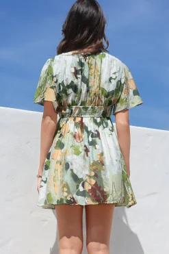 Glades Mini Dress - V Neck Shirred Waist A Line Dress in Kamara Print Green><noscript><img width=