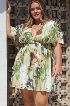 Glades Mini Dress - V Neck Shirred Waist A Line Dress in Kamara Print Green><noscript><img width=