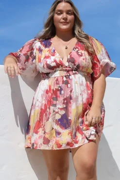 Glades Mini Dress - V Neck Shirred Waist A Line Dress in Kamara Print Red>Salty Crush New