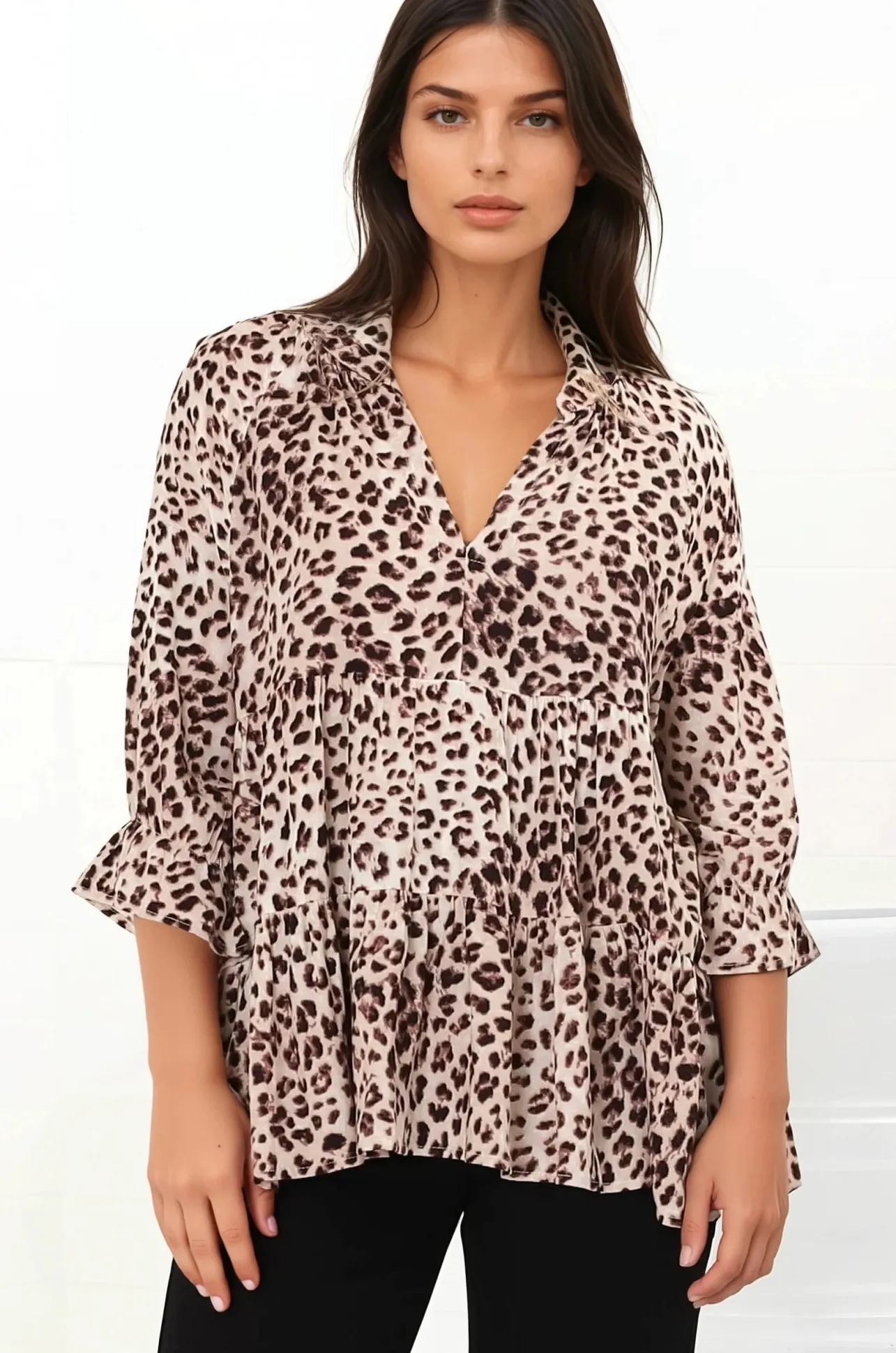 Greta Top - Mandarin Collar Smock Top in Tatum Print>Salty Crush Discount