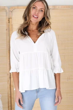 Greta Top - Mandarin Collar Smock Top in White><noscript><img width=