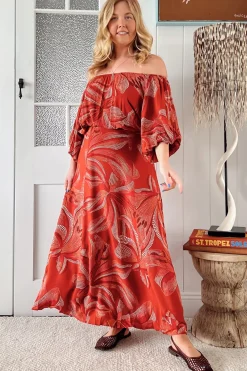 Hallie Maxi Dress - Off Shoulder Balloon Sleeve Dress in Hibiscus Print><noscript><img width=