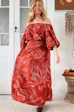Hallie Maxi Dress - Off Shoulder Balloon Sleeve Dress in Hibiscus Print><noscript><img width=