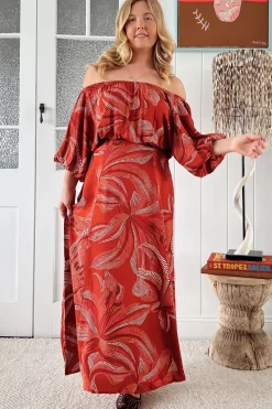 Hallie Maxi Dress - Off Shoulder Balloon Sleeve Dress in Hibiscus Print><noscript><img width=