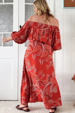 Hallie Maxi Dress - Off Shoulder Balloon Sleeve Dress in Hibiscus Print><noscript><img width=