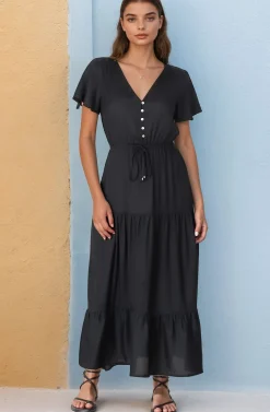 Hanna Maxi Dress - Cap Sleeve Tiered A Line Dress with Toggle Detailed Waist Tie in Black>Salty Crush Sale