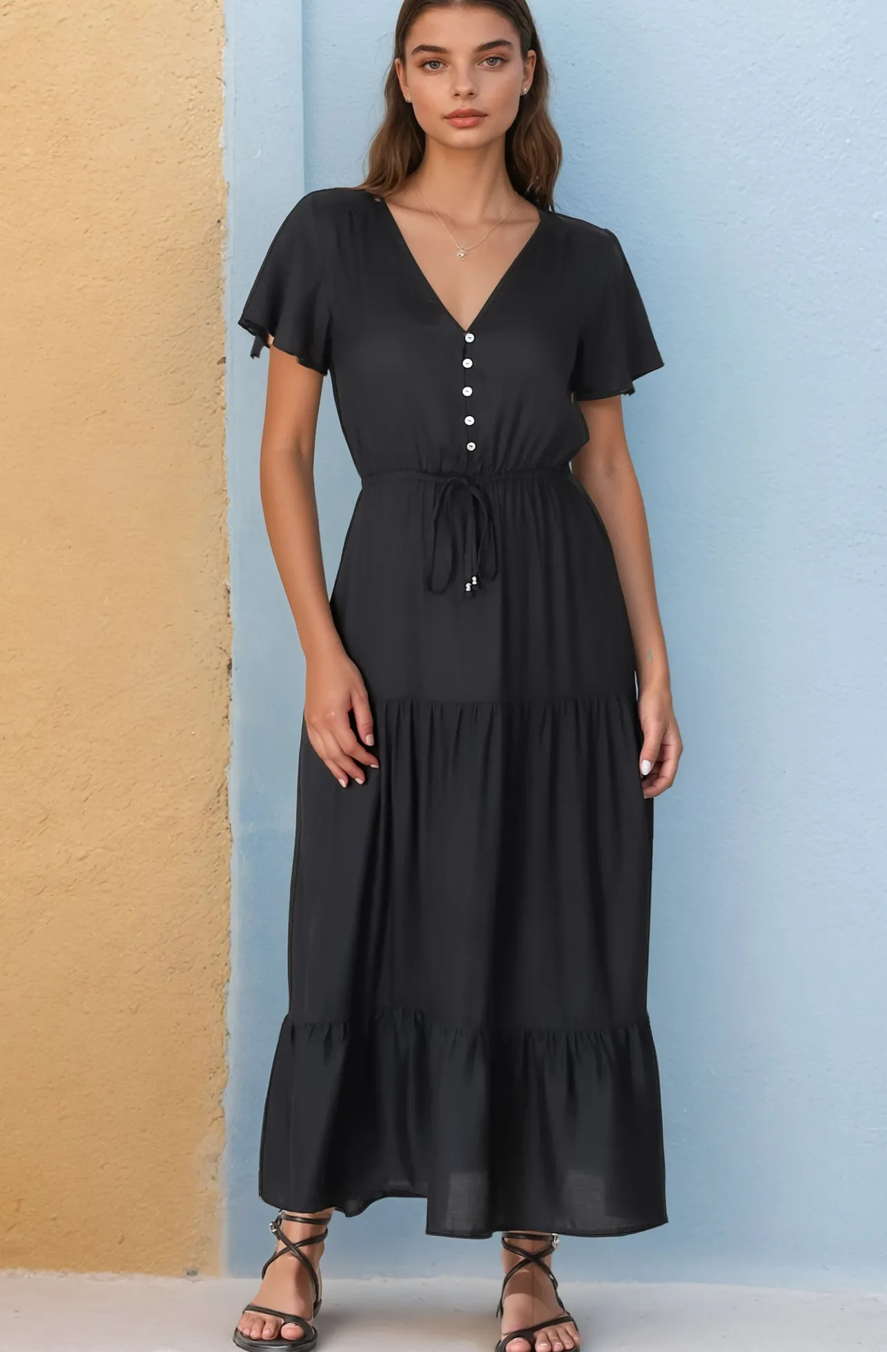 Hanna Maxi Dress - Cap Sleeve Tiered A Line Dress with Toggle Detailed Waist Tie in Black>Salty Crush Sale