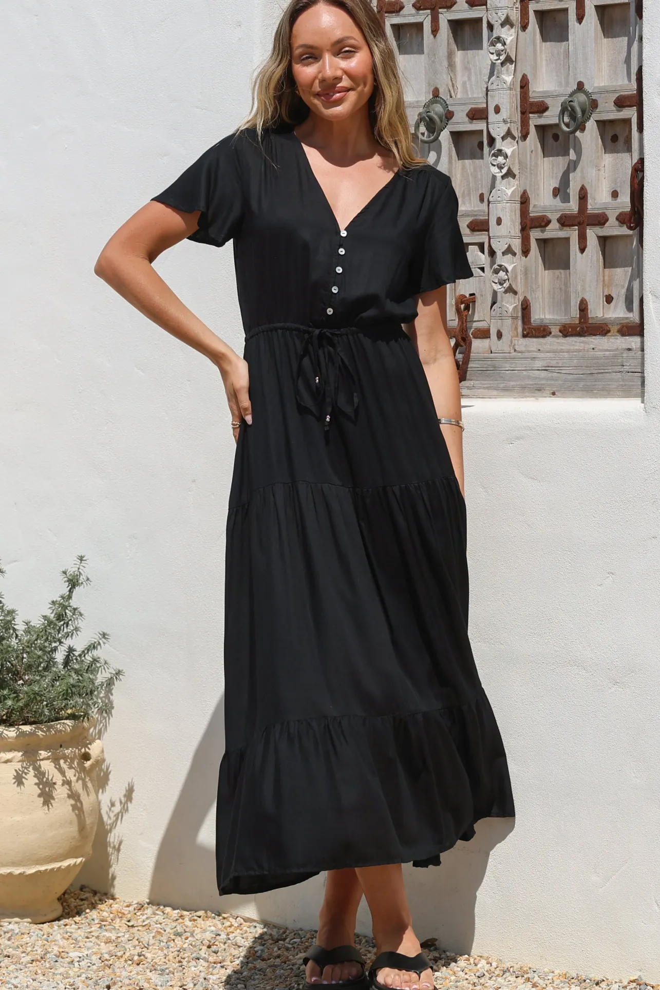 Hanna Maxi Dress - Cap Sleeve Tiered A Line Dress with Toggle Detailed Waist Tie in Black>Salty Crush Sale