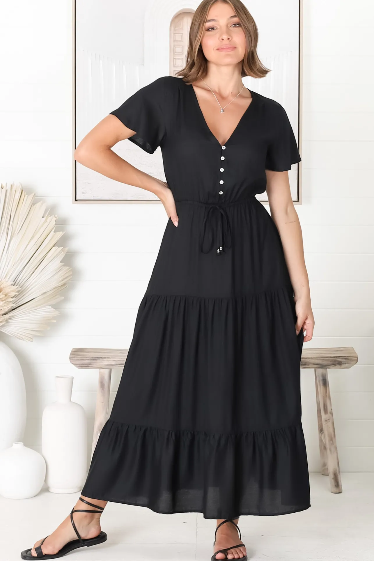 Hanna Maxi Dress - Cap Sleeve Tiered A Line Dress with Toggle Detailed Waist Tie in Black>Salty Crush Sale
