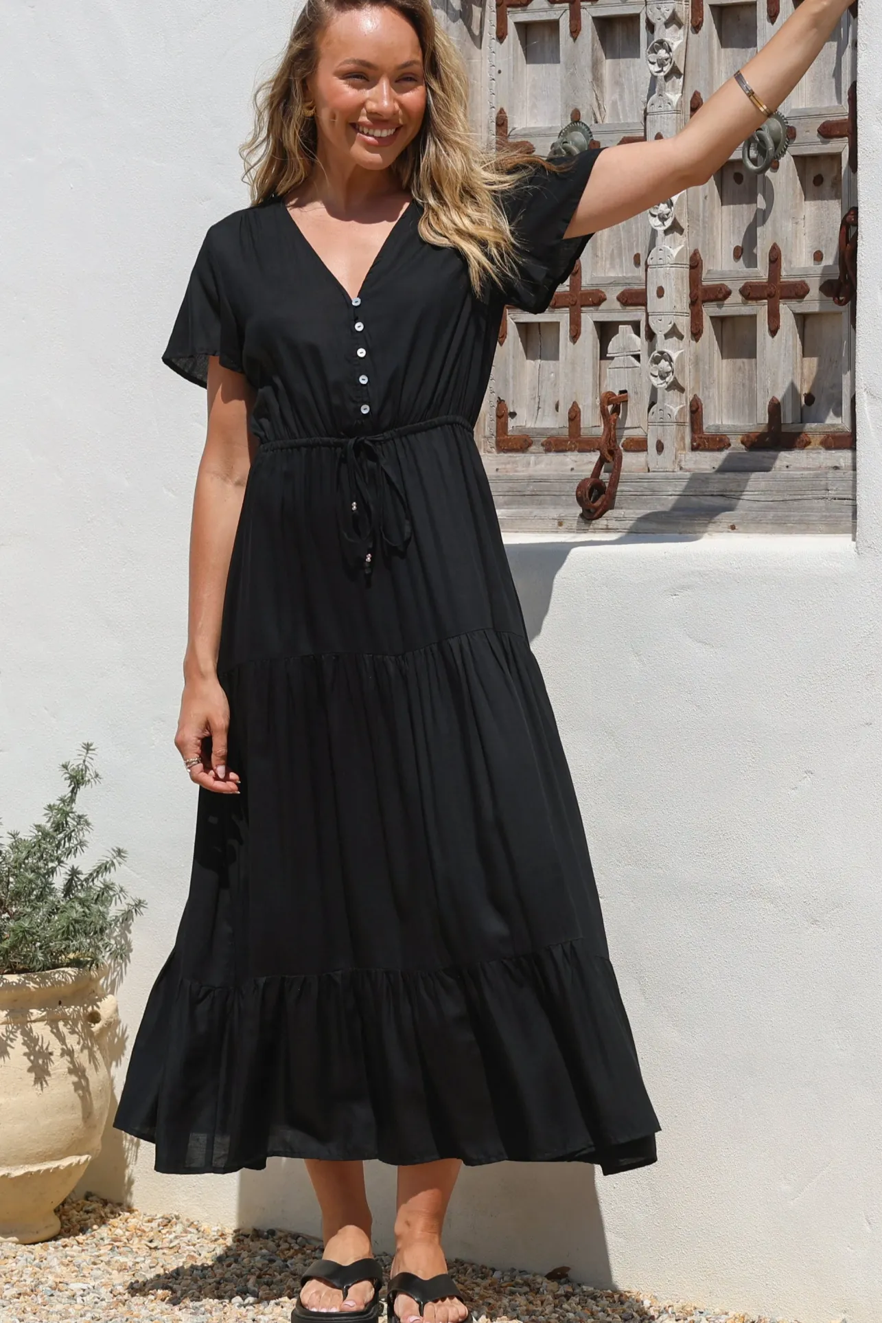 Hanna Maxi Dress - Cap Sleeve Tiered A Line Dress with Toggle Detailed Waist Tie in Black>Salty Crush Sale