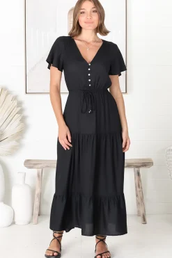 Hanna Maxi Dress - Cap Sleeve Tiered A Line Dress with Toggle Detailed Waist Tie in Black><noscript><img width=