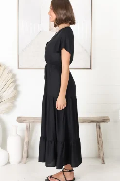 Hanna Maxi Dress - Cap Sleeve Tiered A Line Dress with Toggle Detailed Waist Tie in Black><noscript><img width=