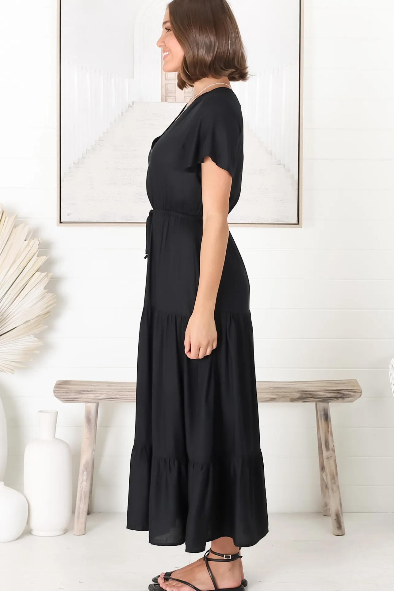 Hanna Maxi Dress - Cap Sleeve Tiered A Line Dress with Toggle Detailed Waist Tie in Black>Salty Crush Sale