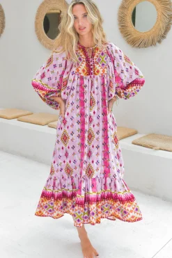 Harper Midi Dress: Smock Dress with Batwing Balloon Sleeves in Lost Tribe Print>Jaase Sale