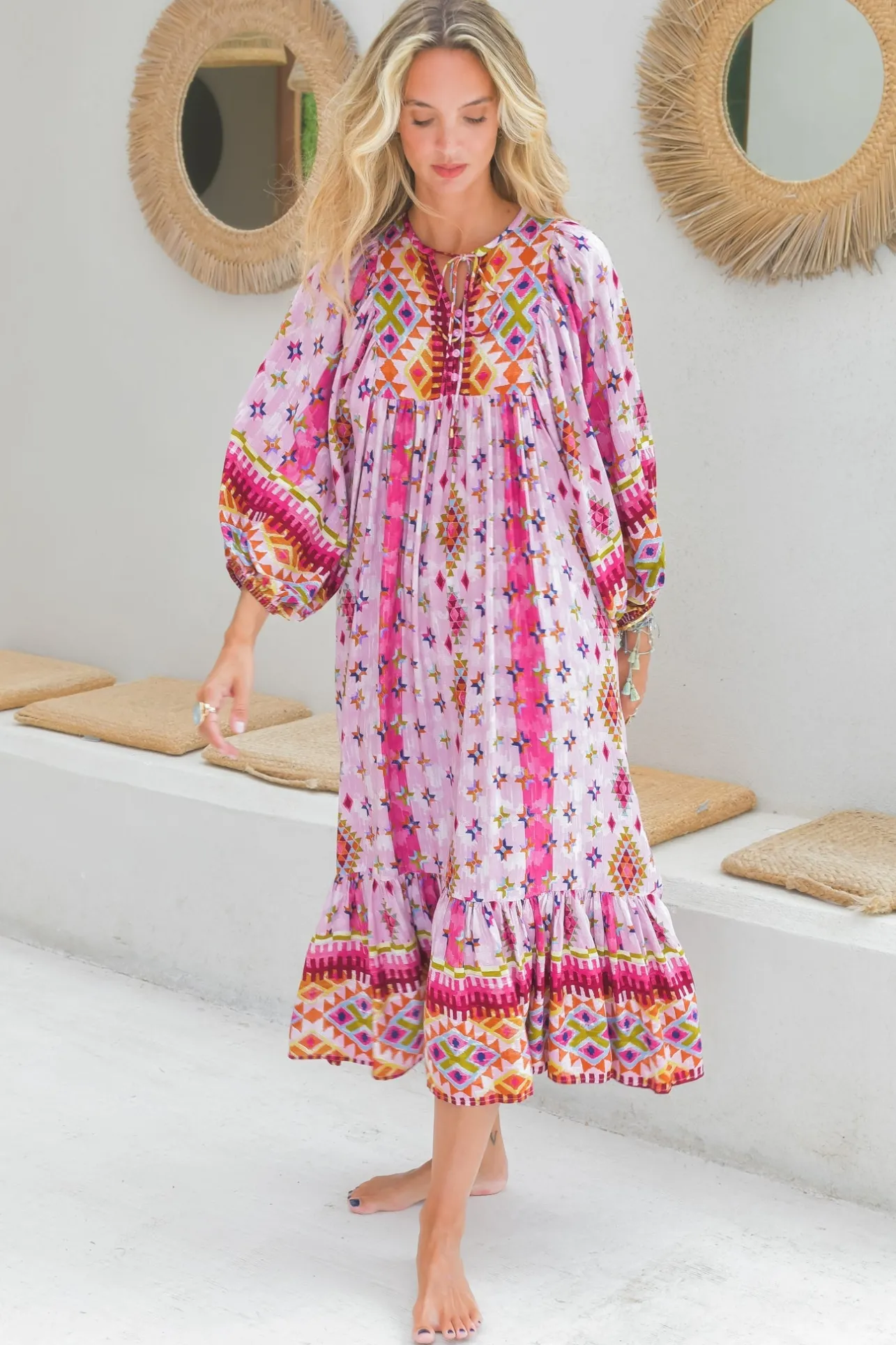 Harper Midi Dress: Smock Dress with Batwing Balloon Sleeves in Lost Tribe Print>Jaase Sale