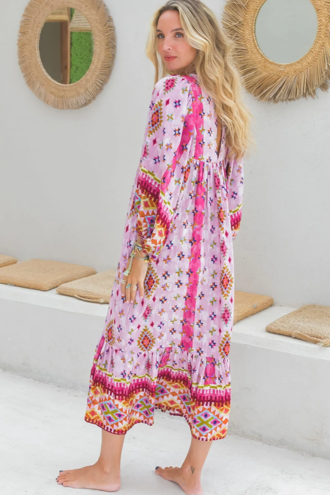 Harper Midi Dress: Smock Dress with Batwing Balloon Sleeves in Lost Tribe Print>Jaase Sale