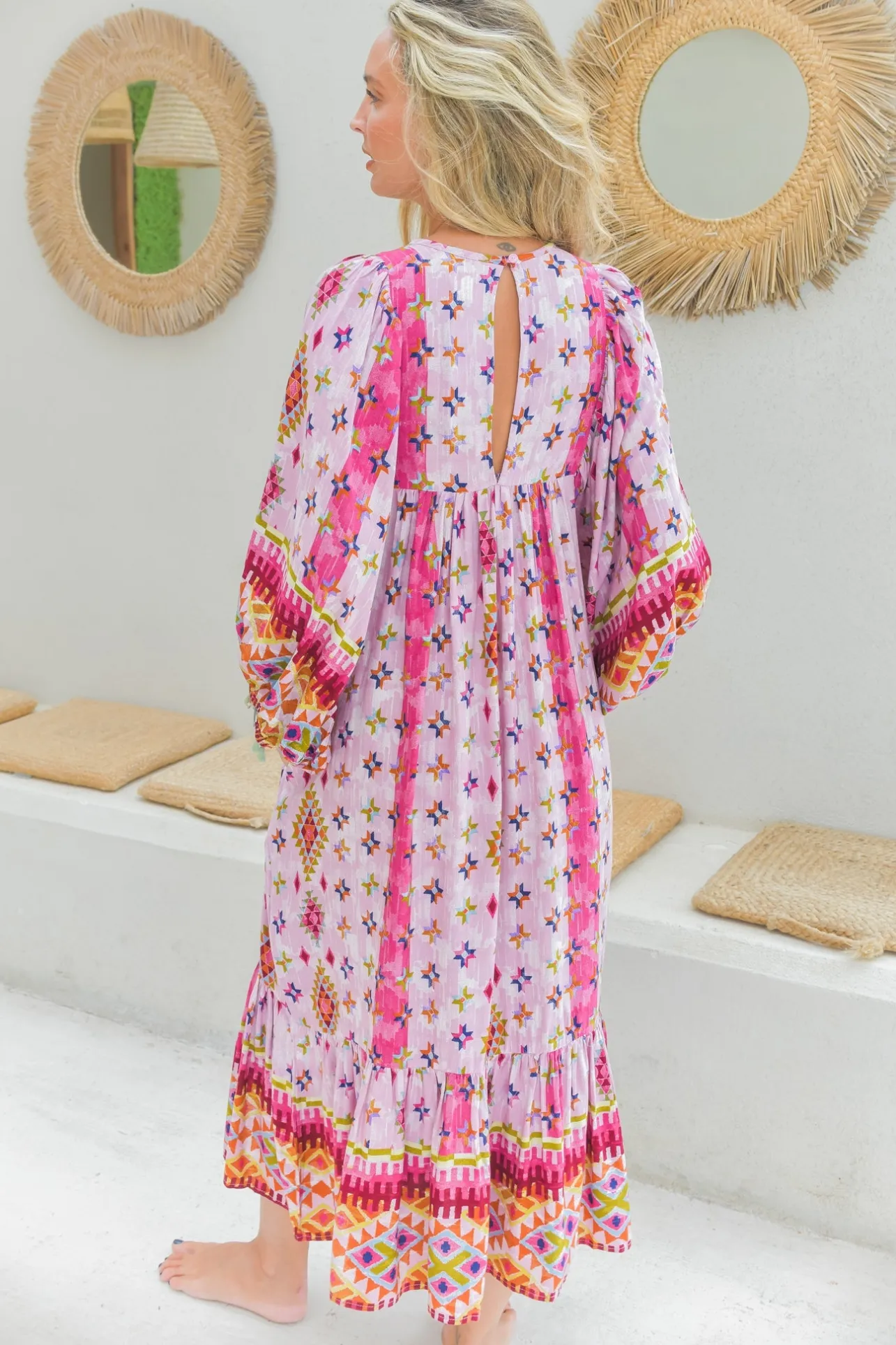 Harper Midi Dress: Smock Dress with Batwing Balloon Sleeves in Lost Tribe Print>Jaase Sale