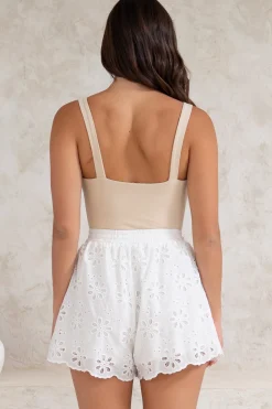Haruki Shorts - High Waisted Embroidered Shorts with Scallop Hemline in White><noscript><img width=