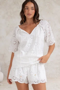 Haruki Top - Embroidered Short Sleeve Top with Scallop Hemlines in White>Salty Crush Best
