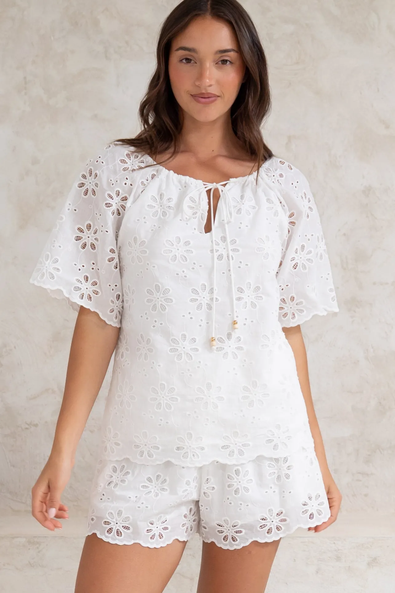 Haruki Top - Embroidered Short Sleeve Top with Scallop Hemlines in White>Salty Crush Best