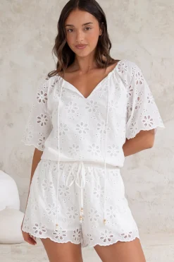 Haruki Top - Embroidered Short Sleeve Top with Scallop Hemlines in White><noscript><img width=