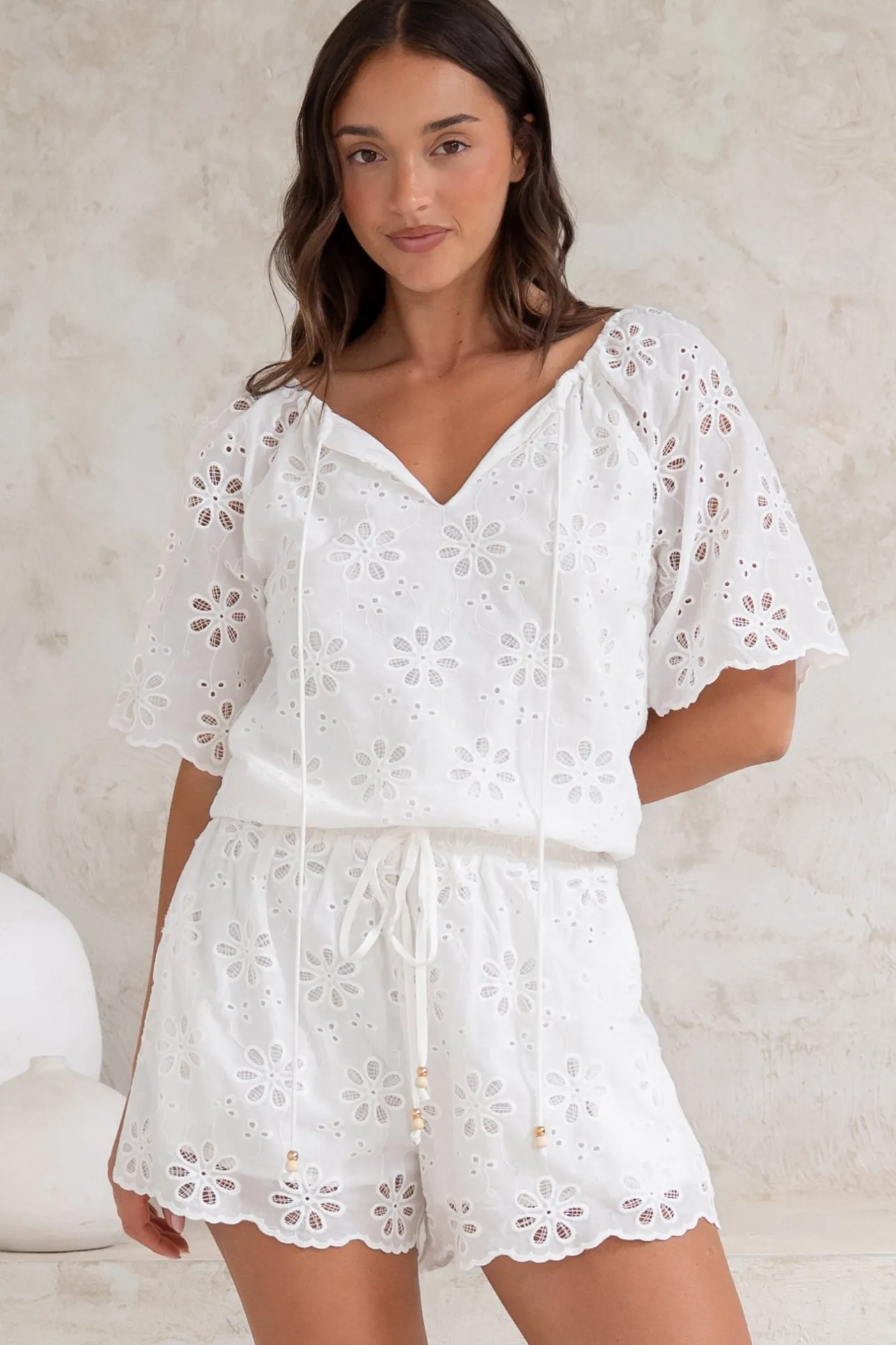 Haruki Top - Embroidered Short Sleeve Top with Scallop Hemlines in White>Salty Crush Best