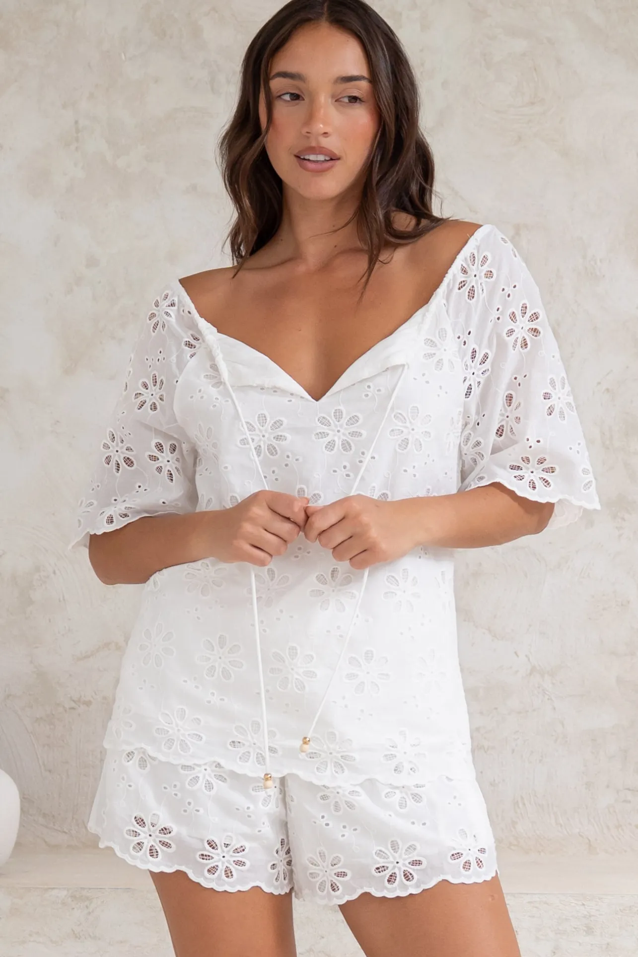 Haruki Top - Embroidered Short Sleeve Top with Scallop Hemlines in White>Salty Crush Best