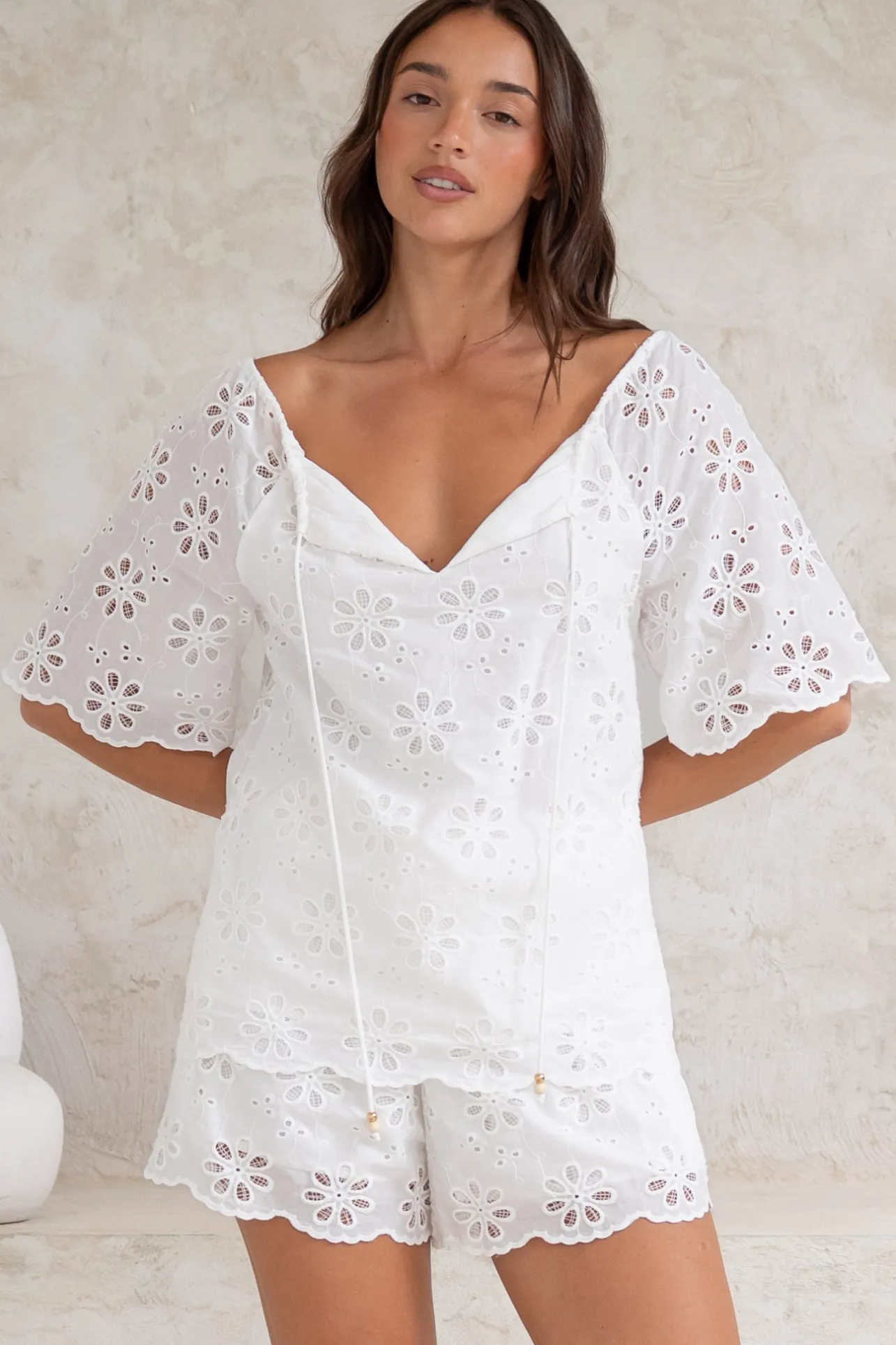 Haruki Top - Embroidered Short Sleeve Top with Scallop Hemlines in White>Salty Crush Best