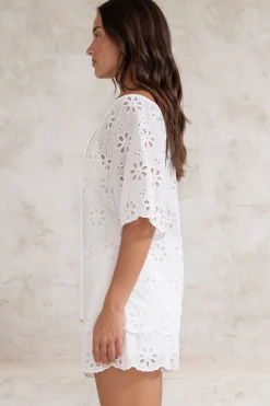 Haruki Top - Embroidered Short Sleeve Top with Scallop Hemlines in White><noscript><img width=