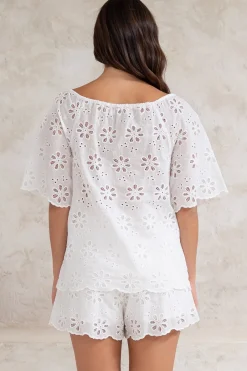 Haruki Top - Embroidered Short Sleeve Top with Scallop Hemlines in White><noscript><img width=
