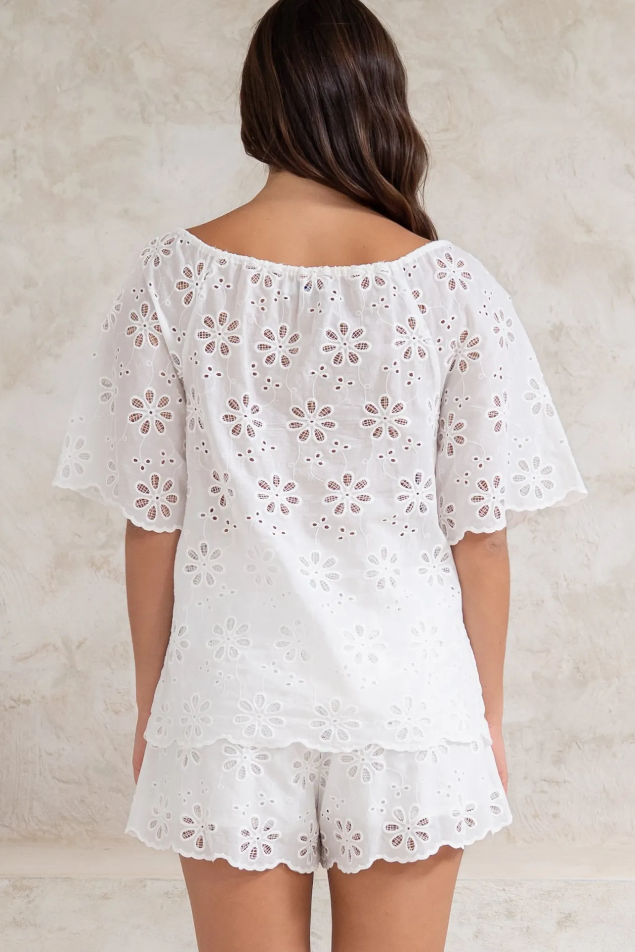 Haruki Top - Embroidered Short Sleeve Top with Scallop Hemlines in White>Salty Crush Best