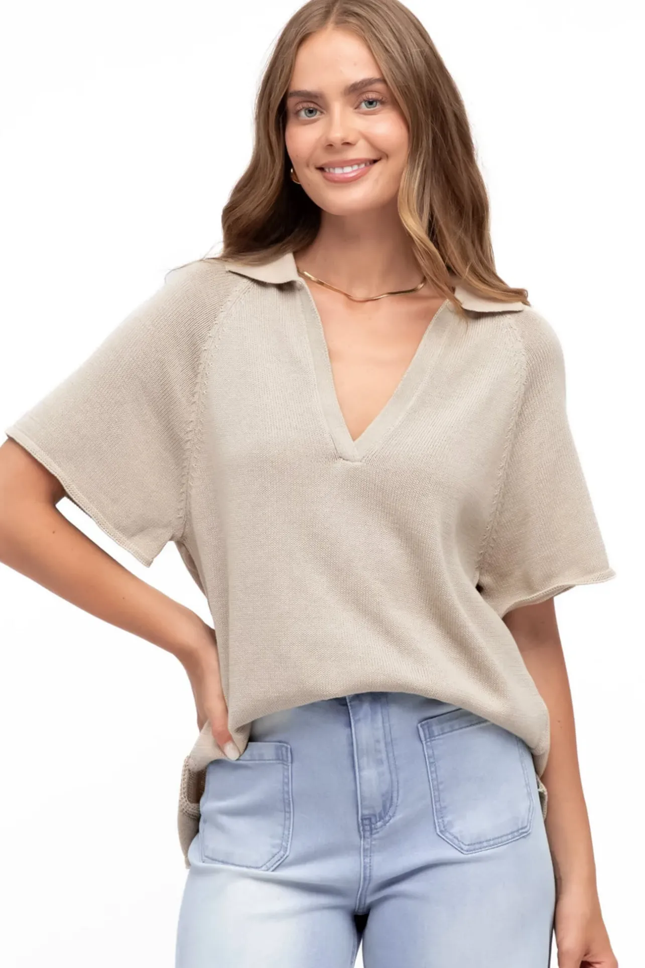Hayes Knit Top - Relaxed Collared V Neck Knit Top in Oat>Salty Crush Hot