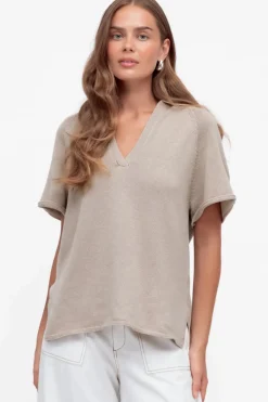 Hayes Knit Top - Relaxed Collared V Neck Knit Top in Oat>Salty Crush Hot