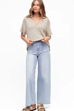Hayes Knit Top - Relaxed Collared V Neck Knit Top in Oat><noscript><img width=