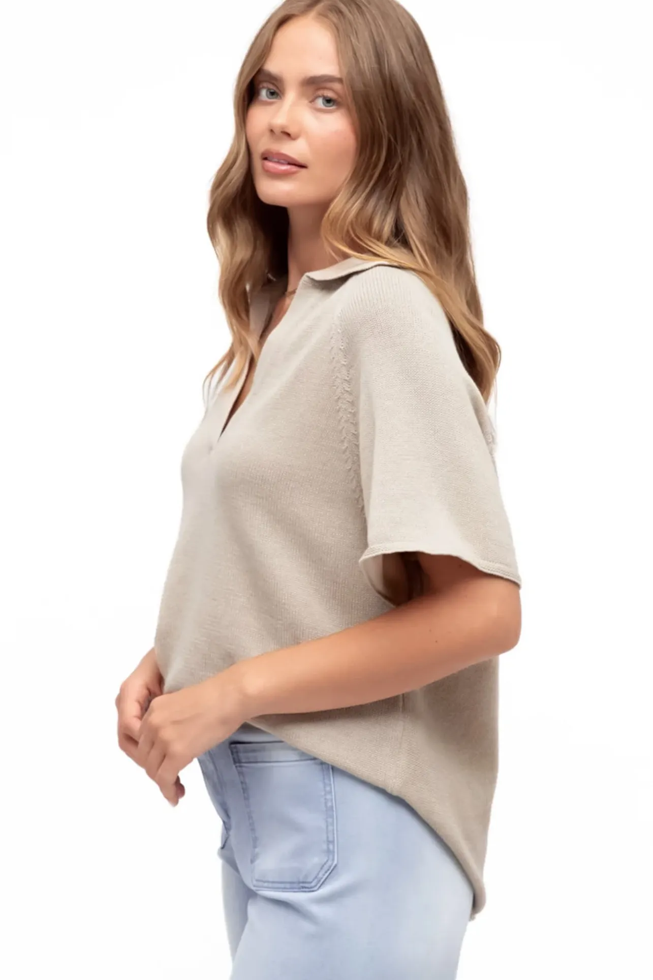 Hayes Knit Top - Relaxed Collared V Neck Knit Top in Oat>Salty Crush Hot
