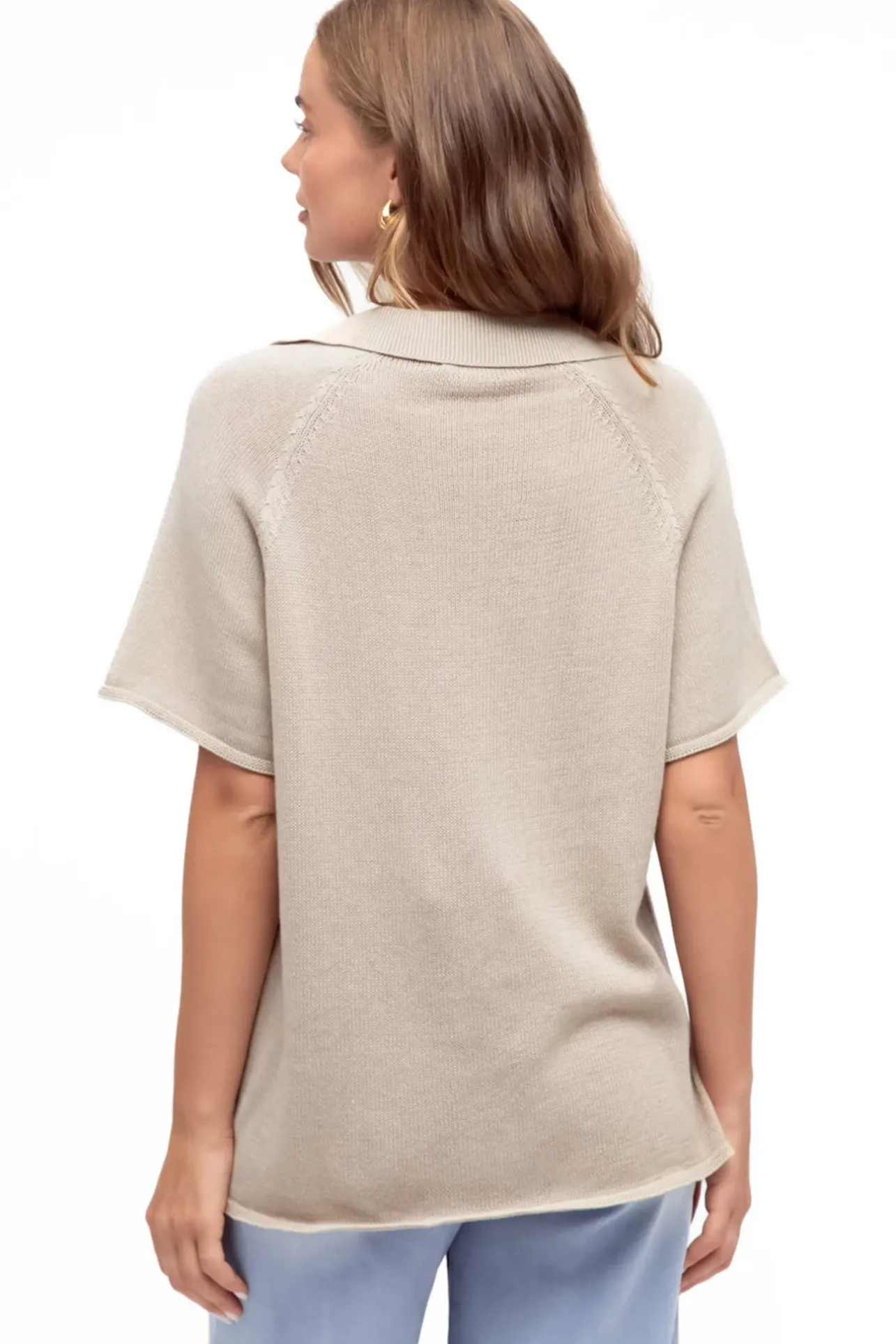 Hayes Knit Top - Relaxed Collared V Neck Knit Top in Oat>Salty Crush Hot