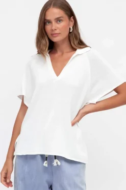 Hayes Knit Top - Relaxed Collared V Neck Knit Top in White>Salty Crush Discount
