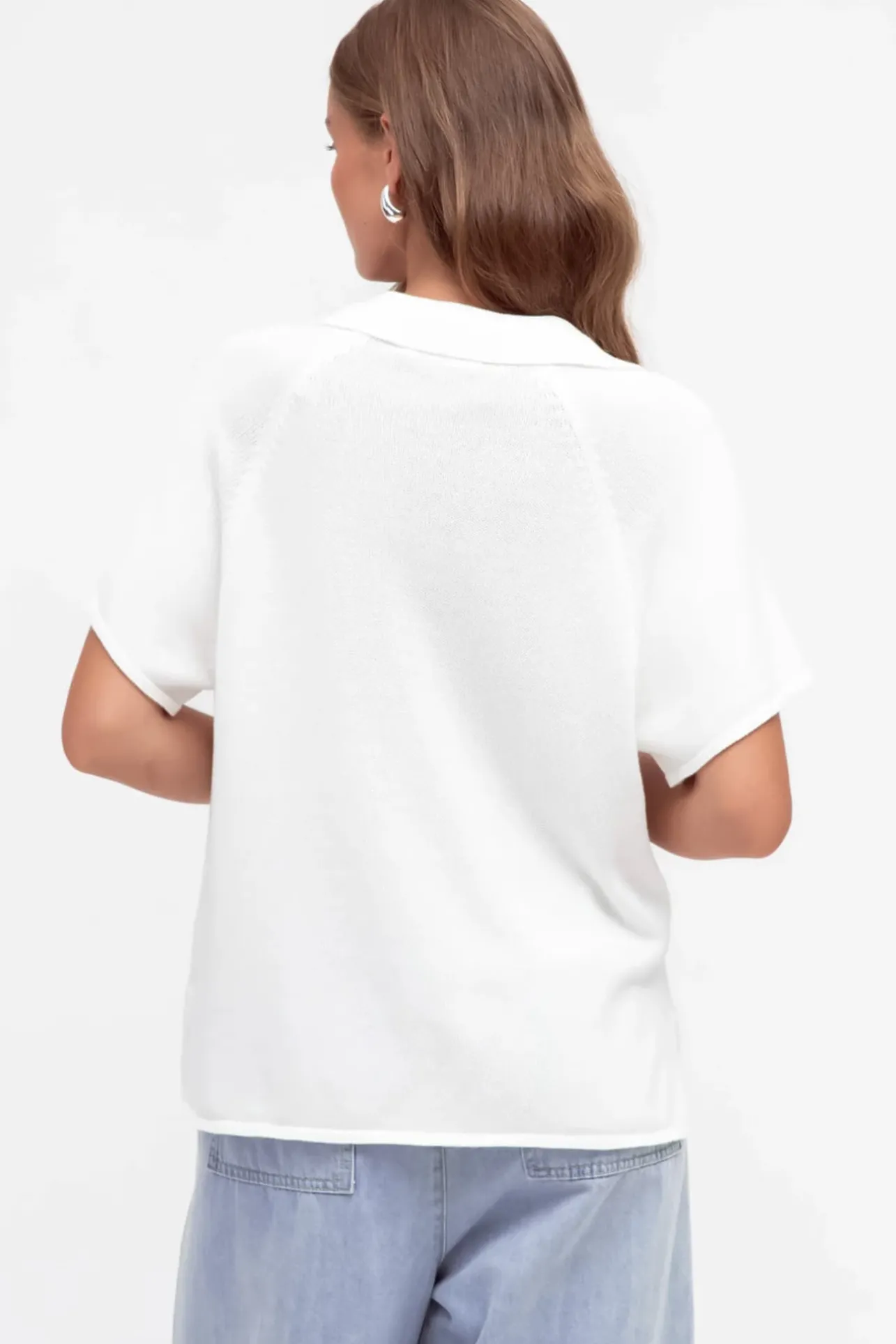 Hayes Knit Top - Relaxed Collared V Neck Knit Top in White>Salty Crush Discount