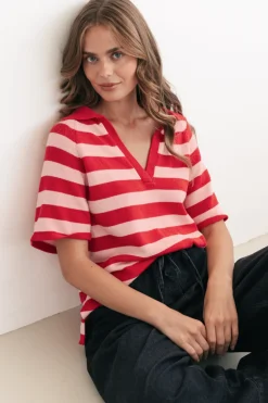 Hayes Stripe Knit Top - Relaxed Collared V Neck Knit Top in Pink/Red><noscript><img width=
