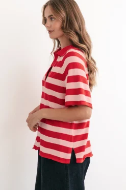 Hayes Stripe Knit Top - Relaxed Collared V Neck Knit Top in Pink/Red><noscript><img width=