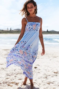 Heidi Midi Dress - Tiered Sun Dress with Crochet Splicing in Heaven Print><noscript><img width=