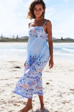 Heidi Midi Dress - Tiered Sun Dress with Crochet Splicing in Heaven Print><noscript><img width=