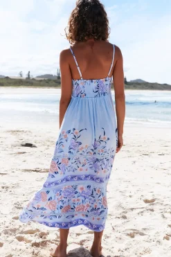 Heidi Midi Dress - Tiered Sun Dress with Crochet Splicing in Heaven Print><noscript><img width=